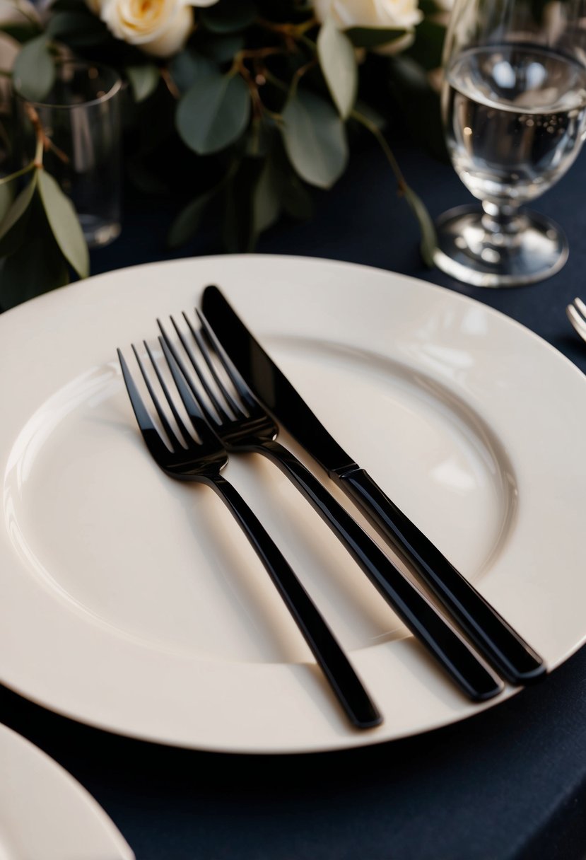 Black flatware rests on ivory table settings, contrasting against a dark wedding table decoration