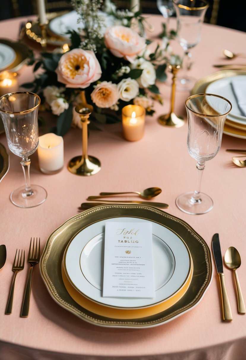 Golden-trimmed plates, cutlery, and glassware arranged on a peach-colored tablecloth, with delicate floral centerpieces and candlelight for a luxurious wedding table setting