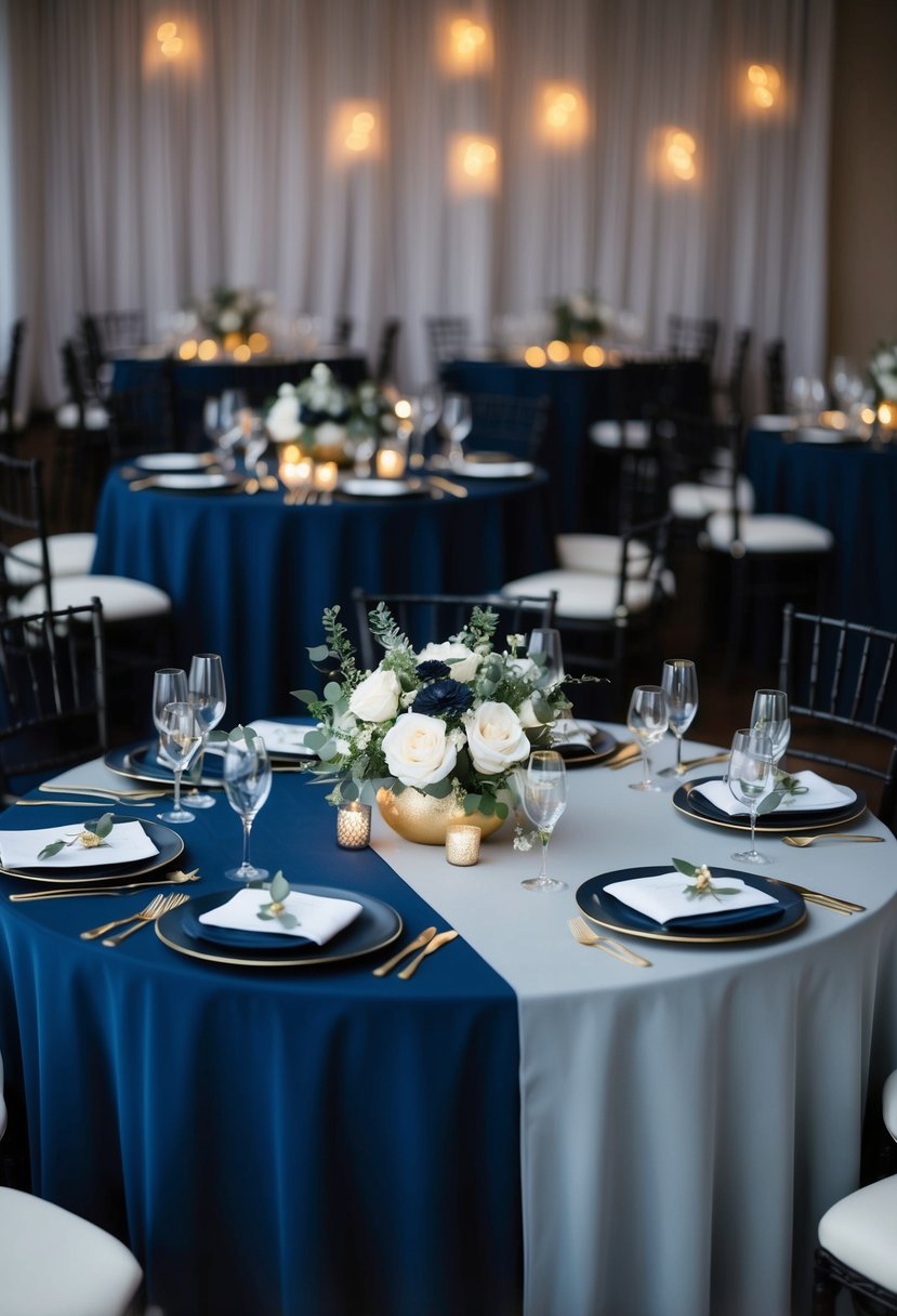 Navy and dove gray tablecloths with golden accents adorn a wedding table, creating a dark and elegant atmosphere