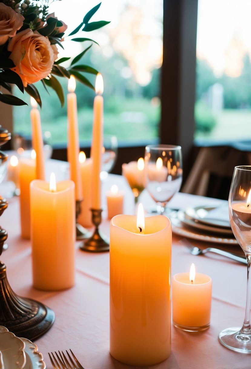 Peach and ivory candles adorn a wedding table, casting a warm, romantic glow