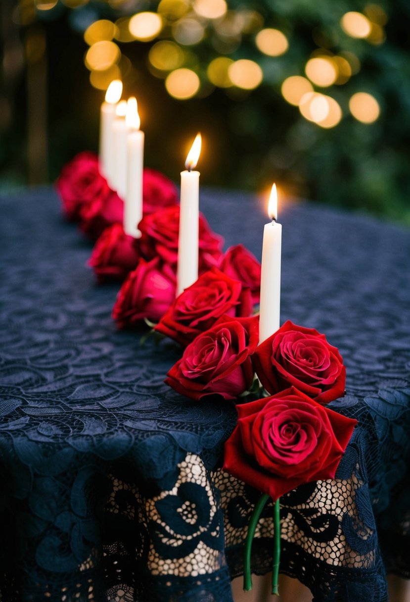 A black lace tablecloth adorned with red velvet roses and candles