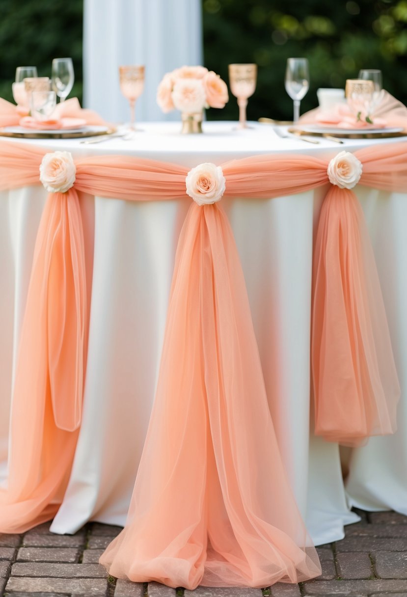 Peach tulle draped elegantly across a table, adorned with delicate peach wedding decorations