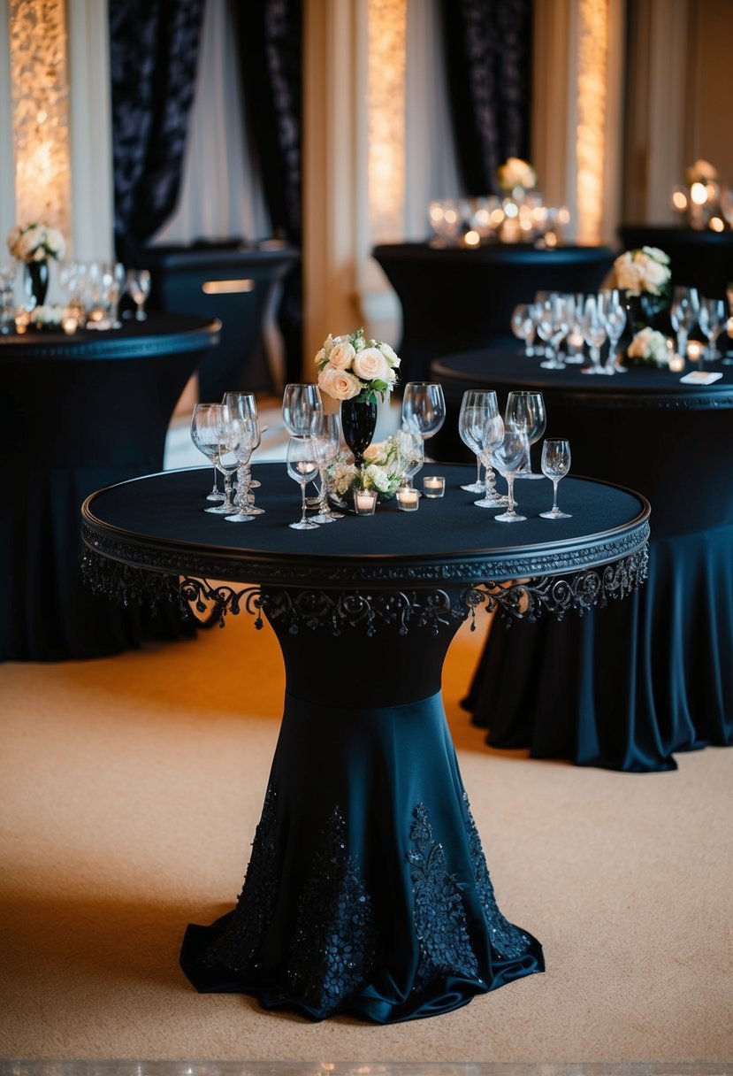 Elegant black cocktail tables adorned with intricate detailing, set with dark and opulent wedding decorations