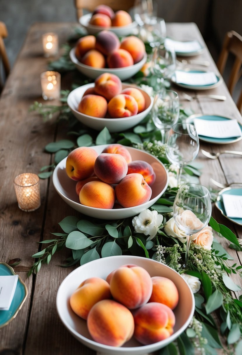 Bowls of fresh peaches arranged on a rustic wooden table, with greenery and floral accents, creating a charming wedding centerpiece