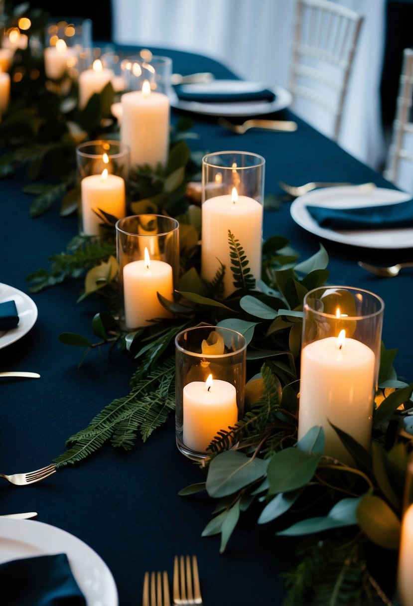 Dark green foliage garlands weave around candles on a dark wedding table