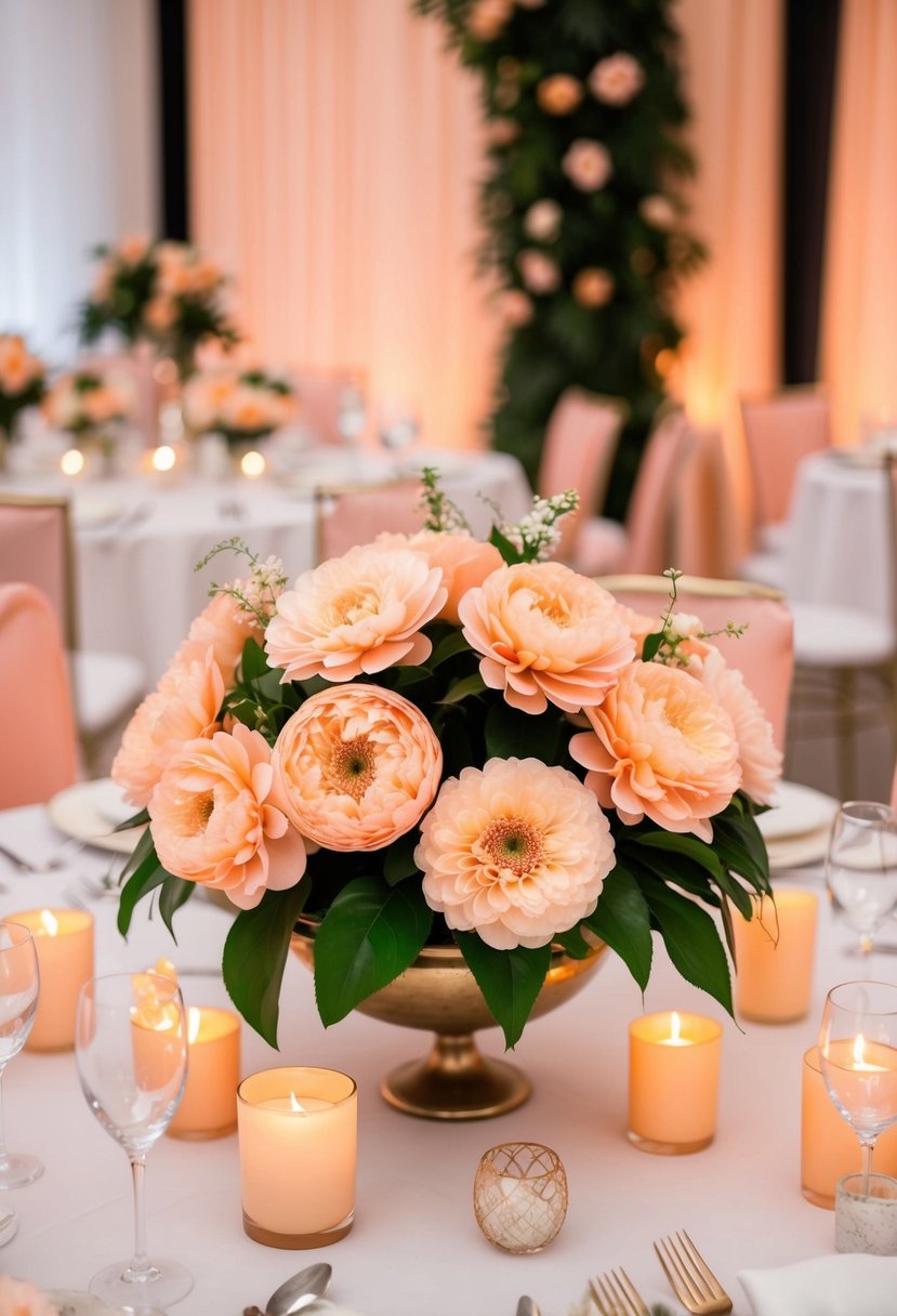 Silk peach flowers arranged in a centerpiece on a wedding table, surrounded by peach-colored decor and soft candlelight