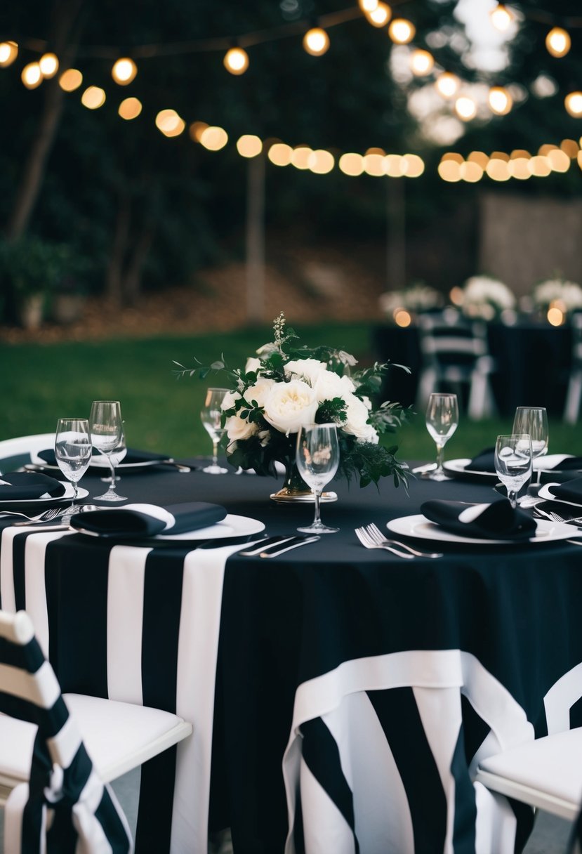 A dark wedding table adorned with black and white striped linens for a bold and striking contrast