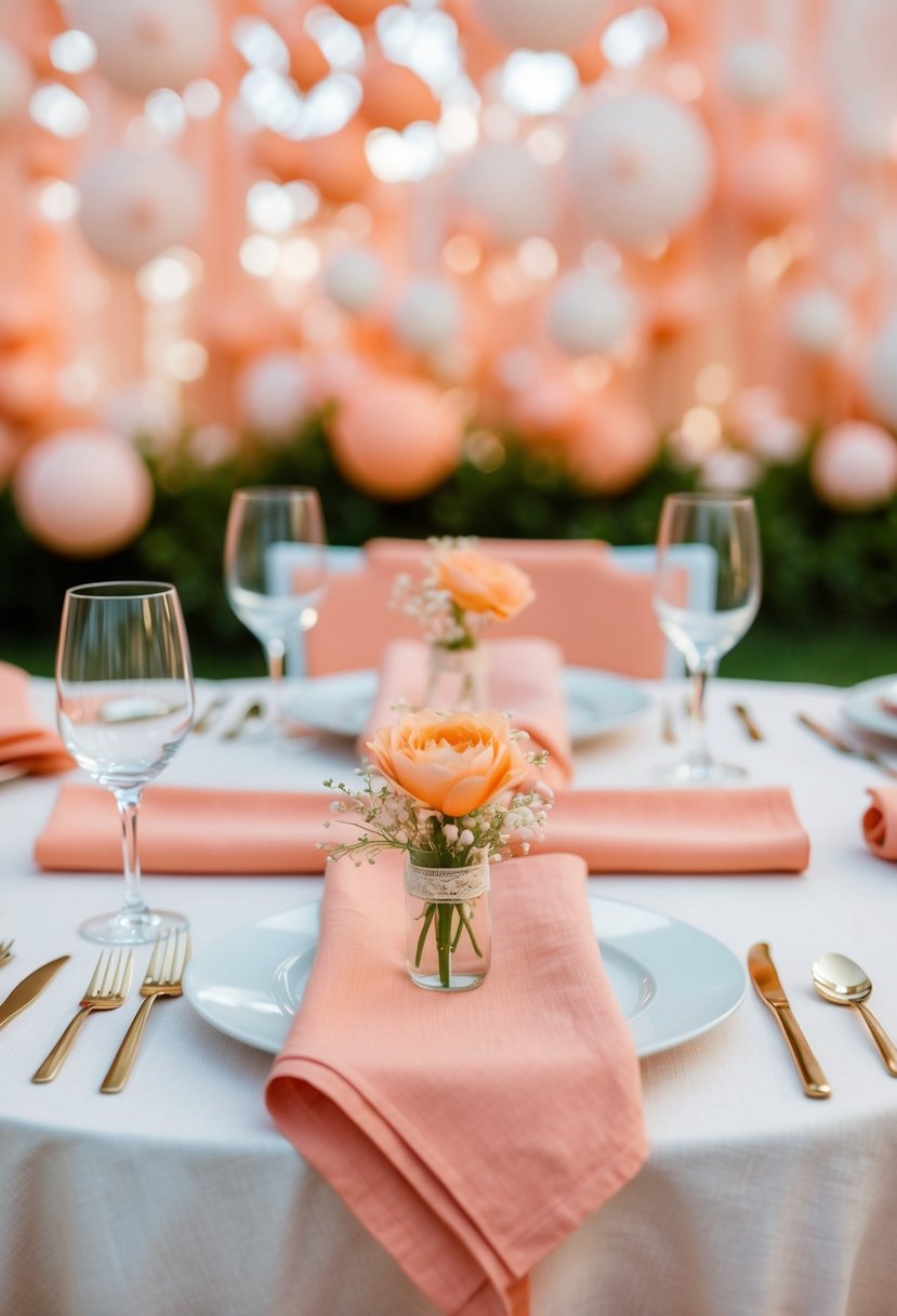 A table set with peach linen napkins, adorned with delicate peach wedding decorations