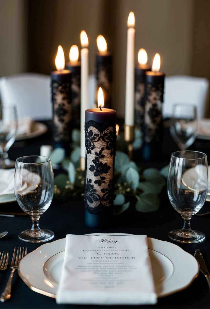 Black lace-trimmed candles adorn a dark wedding table, creating a delicate and romantic atmosphere