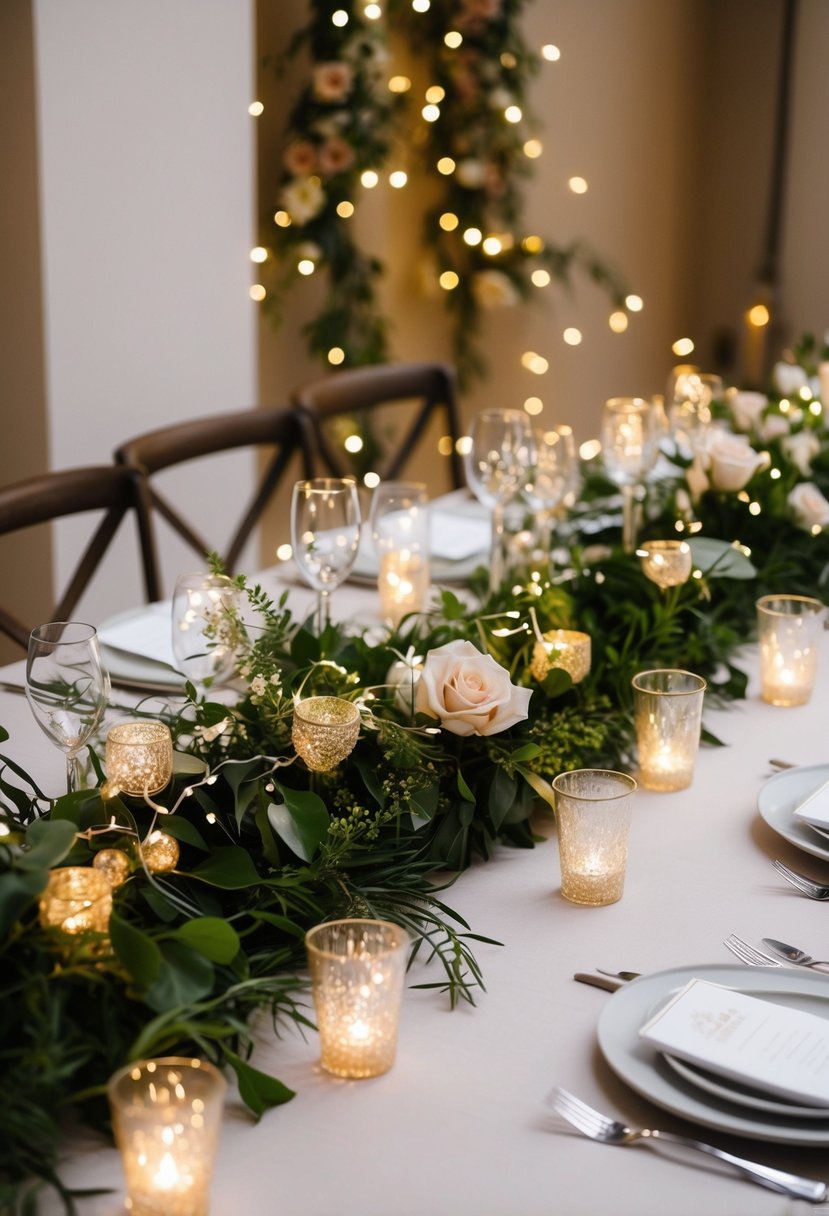 A table adorned with delicate fairy lights, intertwined with greenery and flowers, creating a romantic and enchanting wedding centerpiece