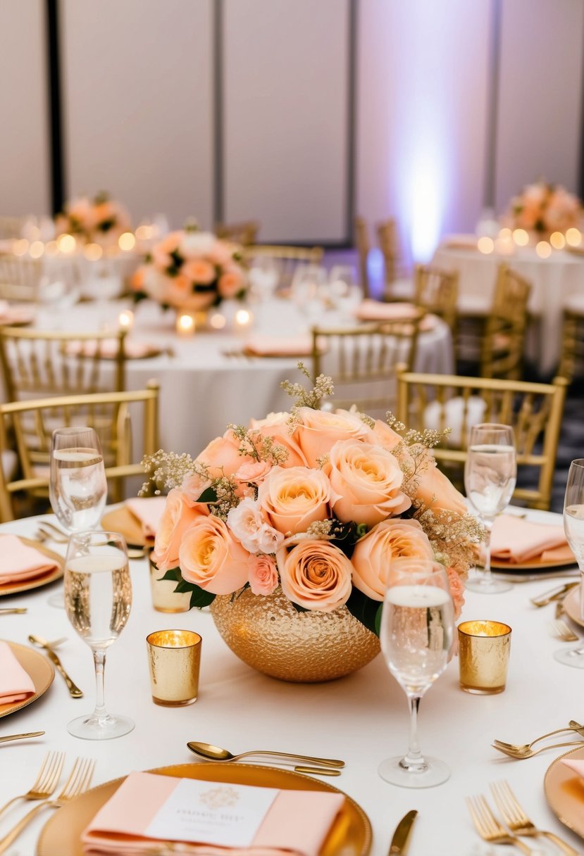 A table adorned with shimmering peach centerpieces accented with gold, creating an elegant and luxurious atmosphere for a wedding celebration