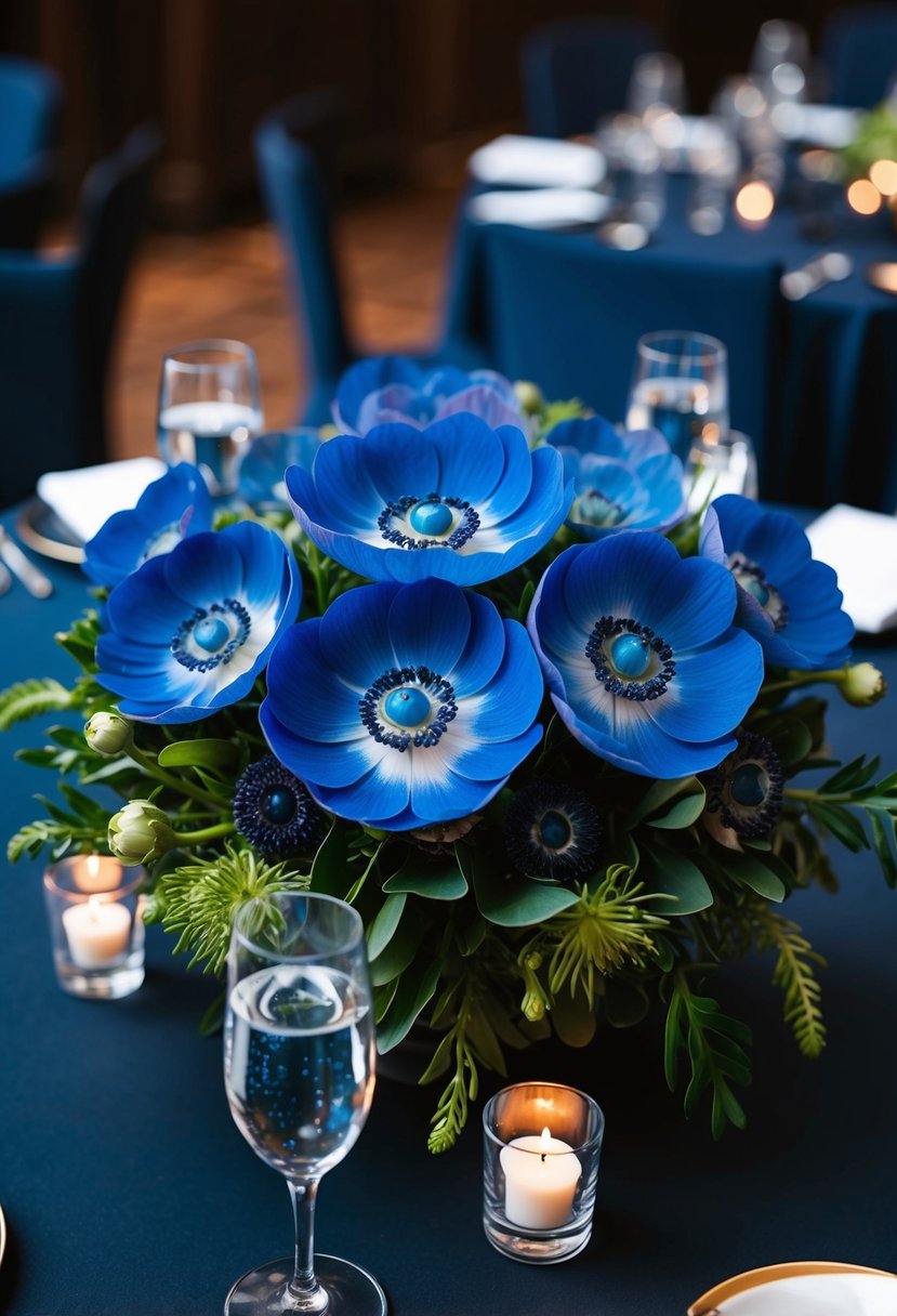 Deep blue anemones arranged in a dramatic centerpiece on a dark wedding table