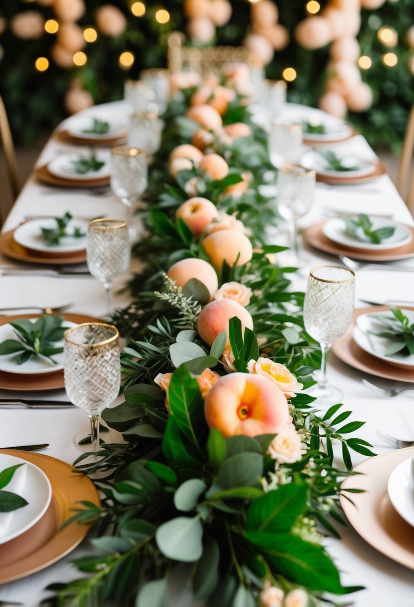 Peach and green foliage garlands adorn a wedding table, creating a lush and romantic centerpiece