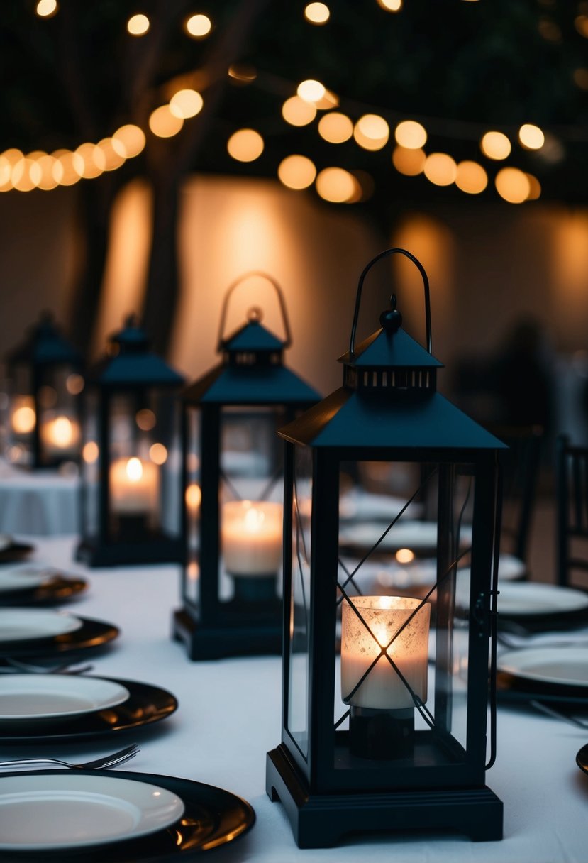 A dimly lit table adorned with vintage black lanterns, casting a moody ambience for a dark wedding theme