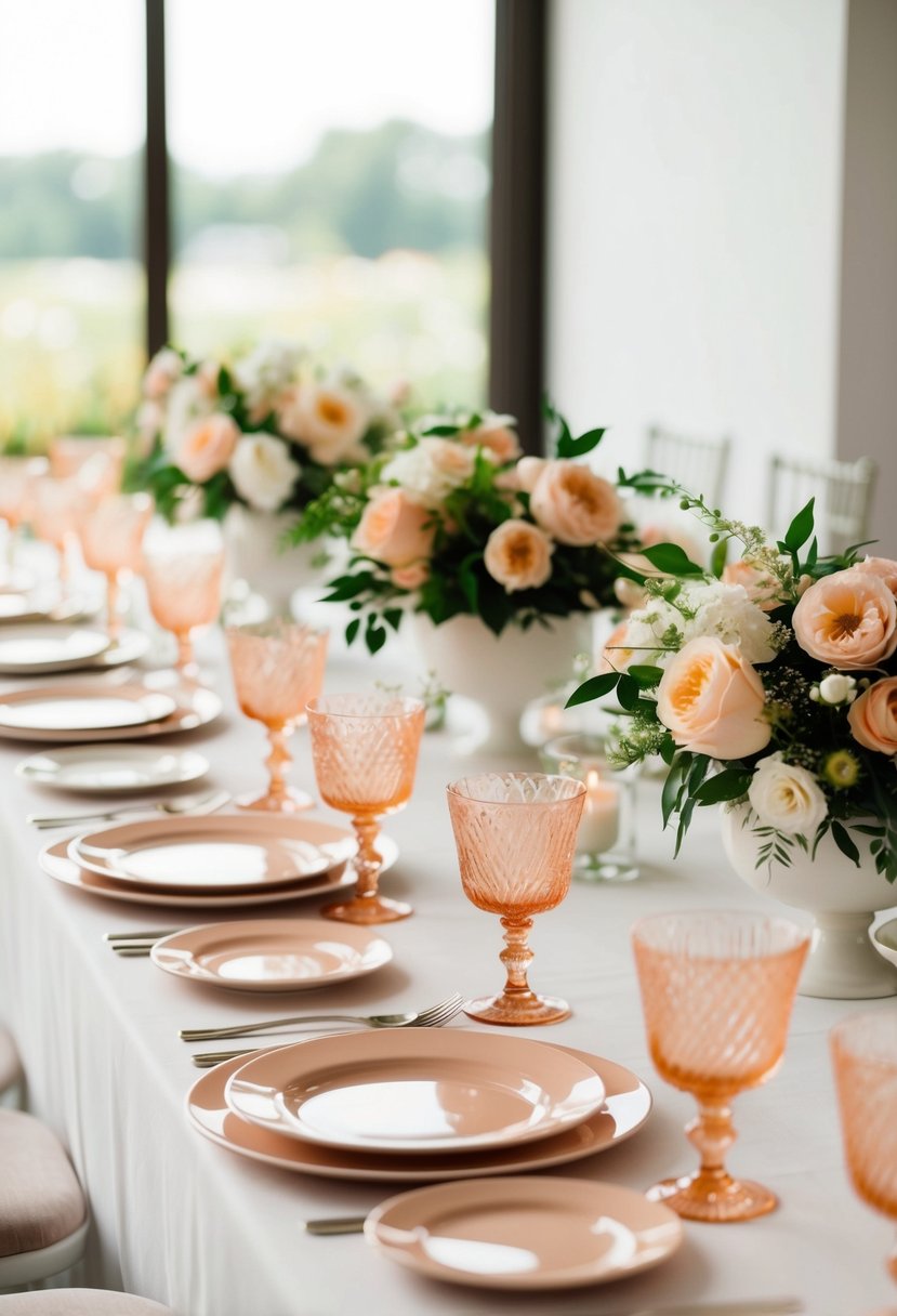 Peach-colored glassware arranged on a white tablecloth with floral accents for a chic wedding table decoration