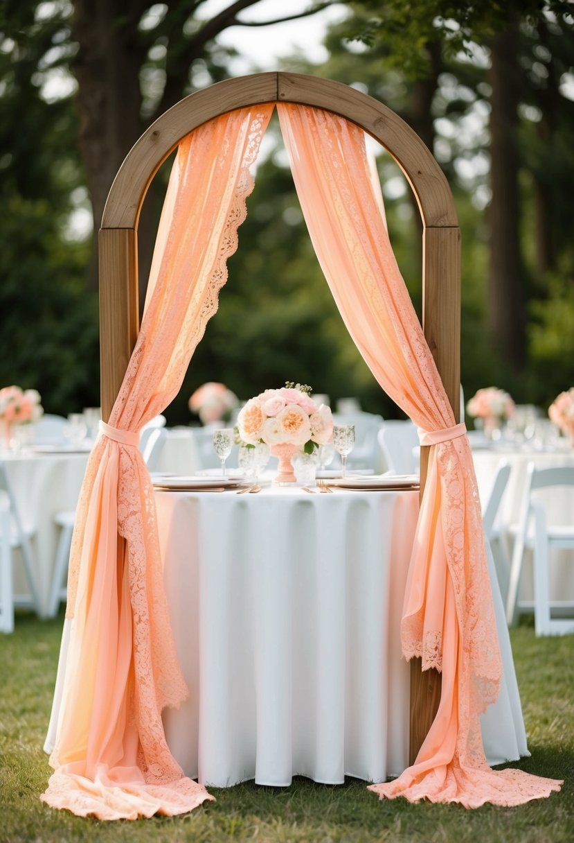 Wooden arches draped in peach lace, set as wedding table decorations