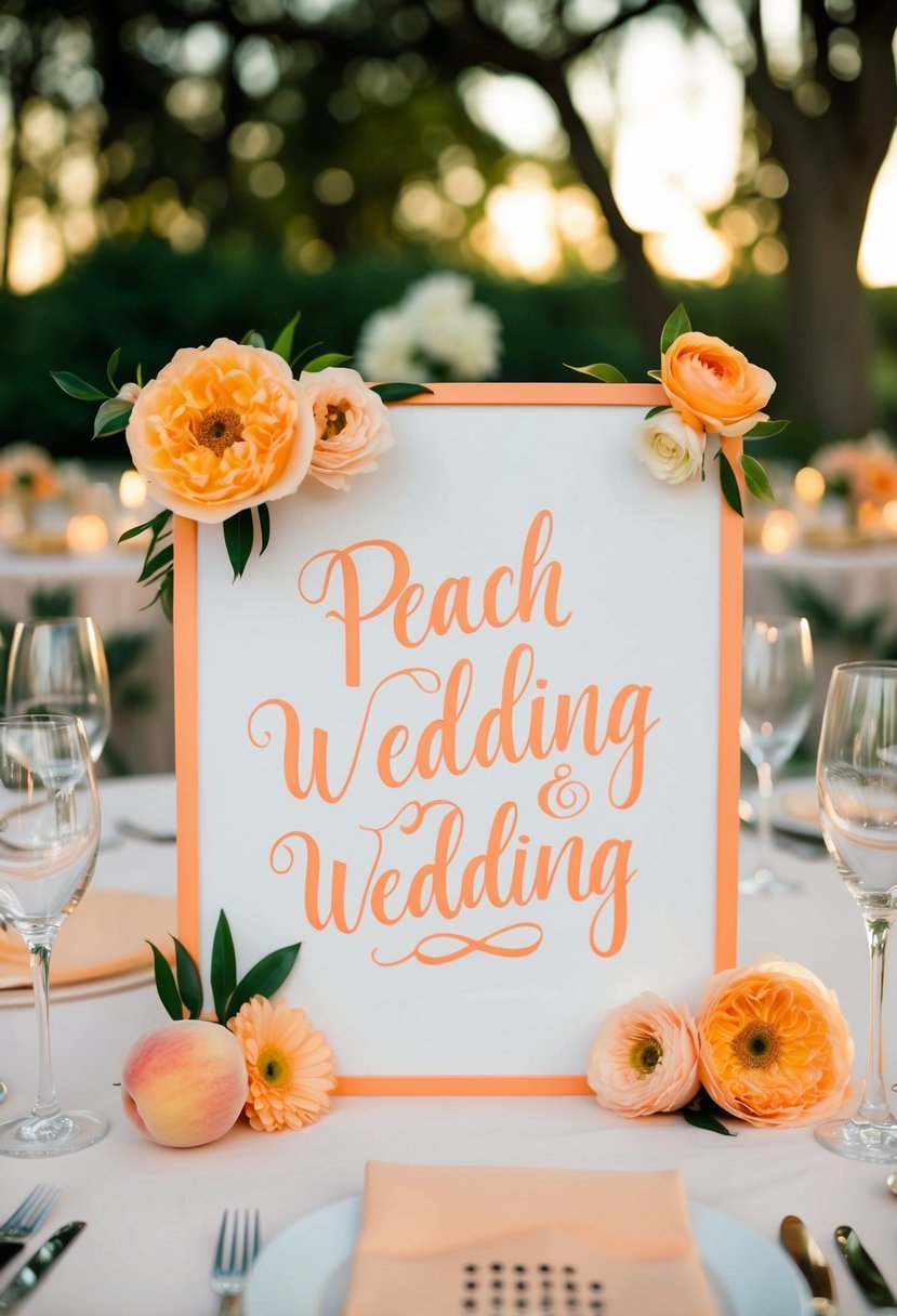 Peach-themed signage displayed on a wedding table with elegant calligraphy