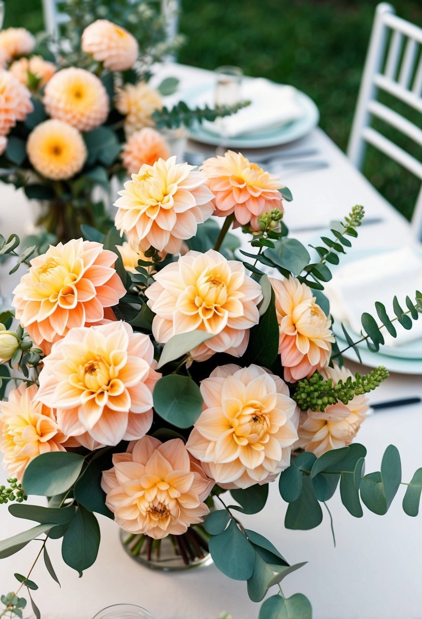 Peach dahlias and eucalyptus arranged in bouquets for wedding table decor