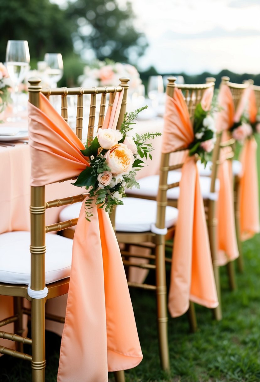 Chairs adorned with peach sashes and floral accents for a wedding table