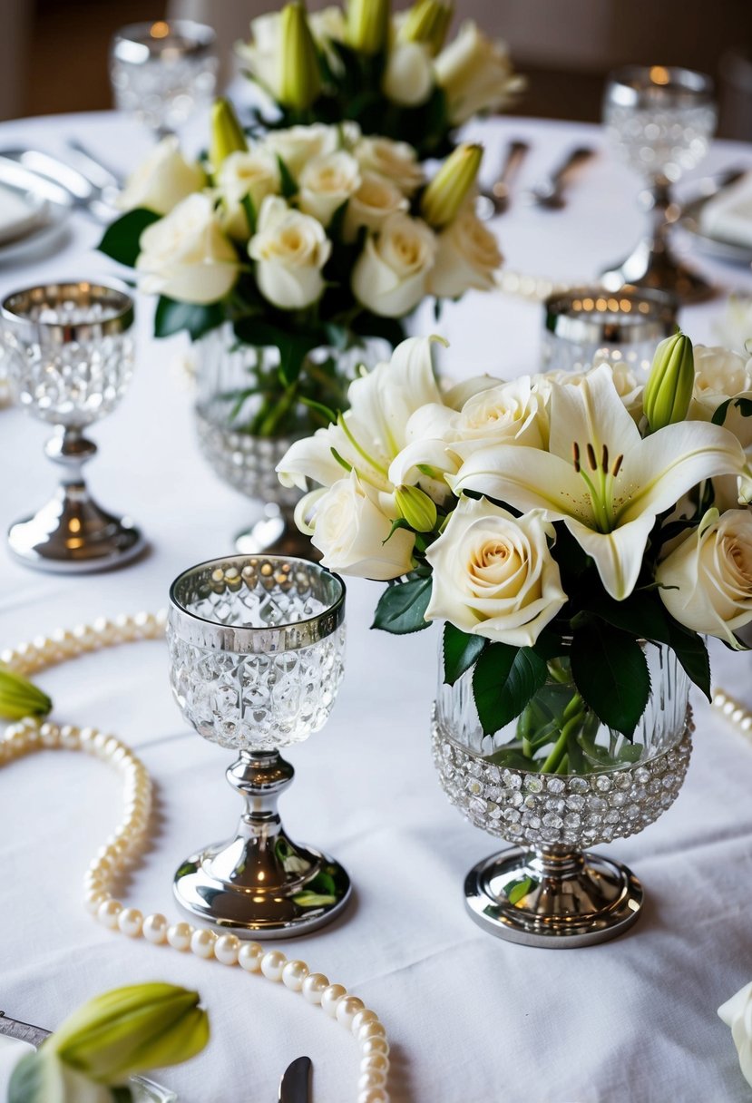 A white tablecloth adorned with pearls, silver candle holders, and crystal vases filled with white roses and lilies