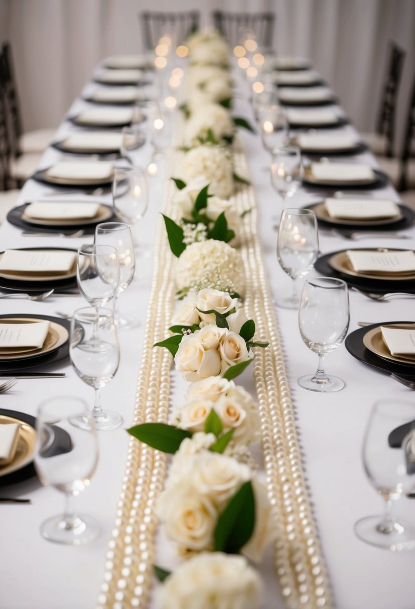 A long, white table adorned with elegant, pearl-embedded table runners, creating a luxurious and sophisticated wedding decoration