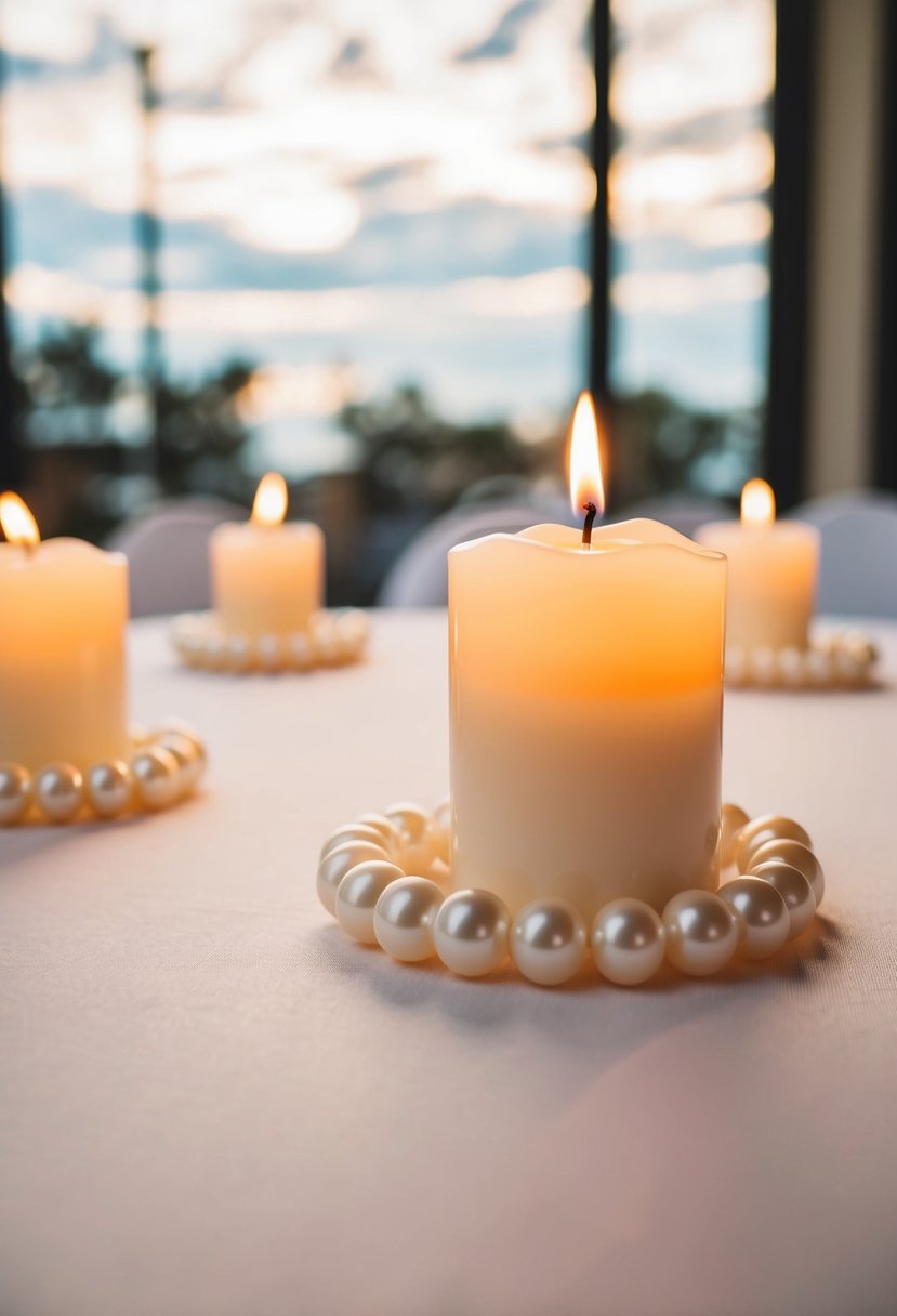 A table adorned with floating candles topped with faux pearls