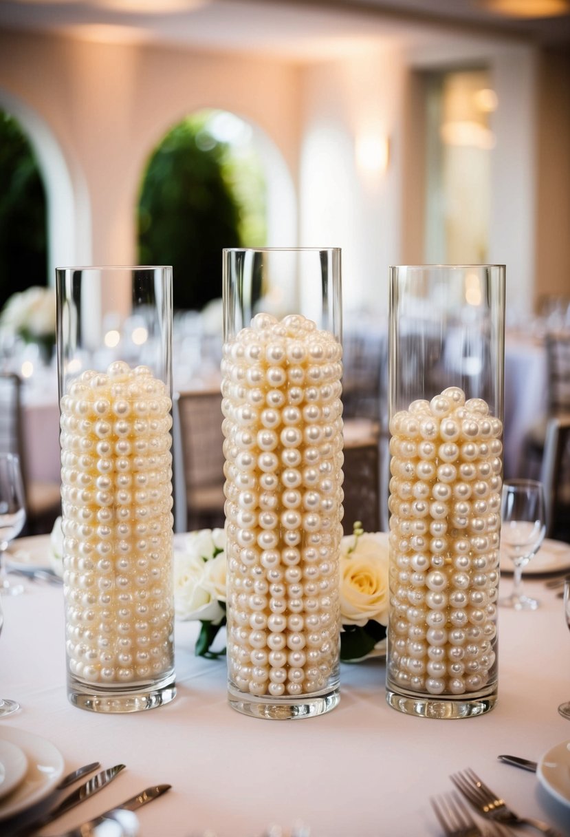 Glass vases filled with shimmering pearls arranged on a wedding table