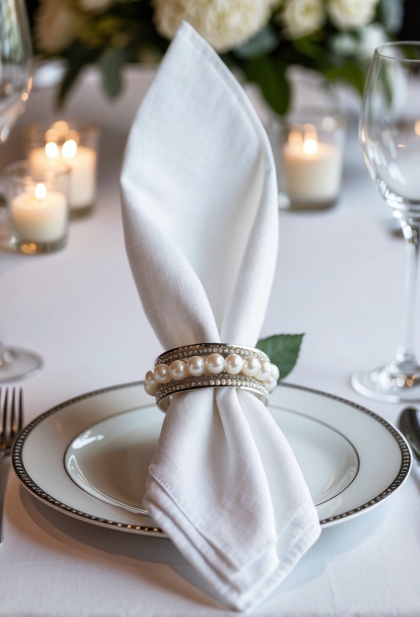 A white linen napkin draped over a silver napkin ring adorned with delicate pearl accents, set on a pristine wedding reception table