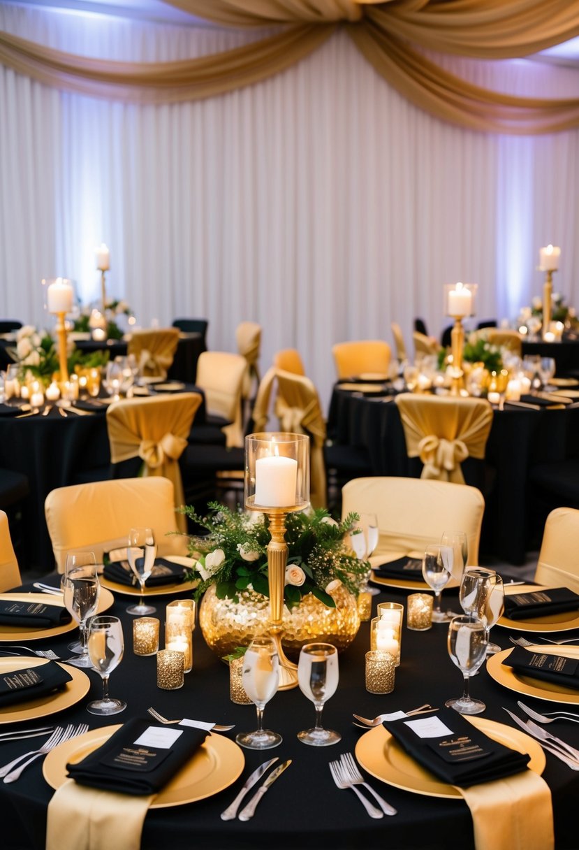 A black and gold themed wedding table adorned with elegant centerpieces, shimmering candles, and luxurious linens