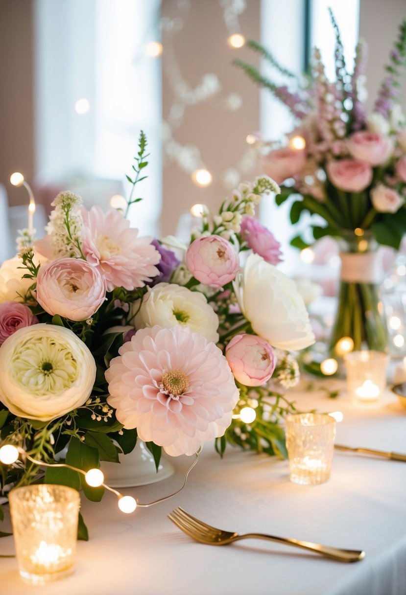 Pastel flowers intertwined with fairy lights on a wedding table, creating a romantic and enchanting atmosphere