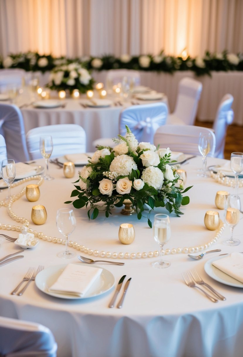 A round table adorned with pearl garland centerpieces, creating an elegant and luxurious atmosphere for a wedding reception