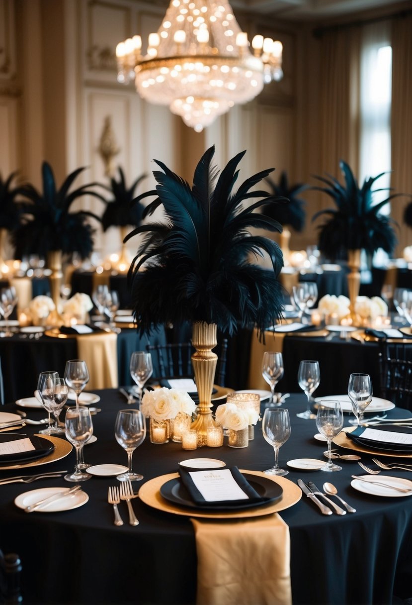 A grand black and gold wedding table adorned with opulent Gatsby feather centerpieces