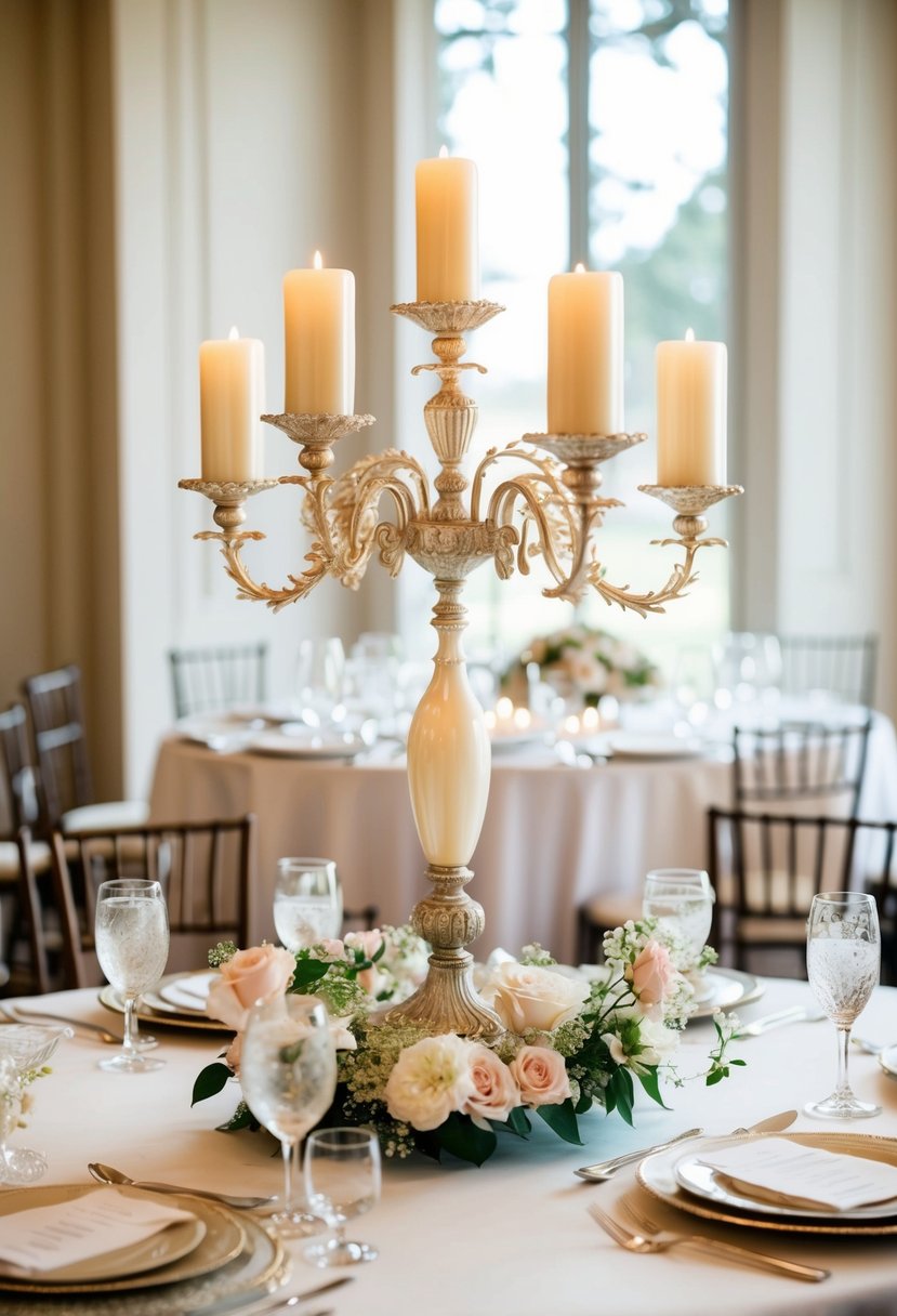 A vintage pearl candelabra centerpiece adorns a wedding table, surrounded by delicate flowers and elegant place settings