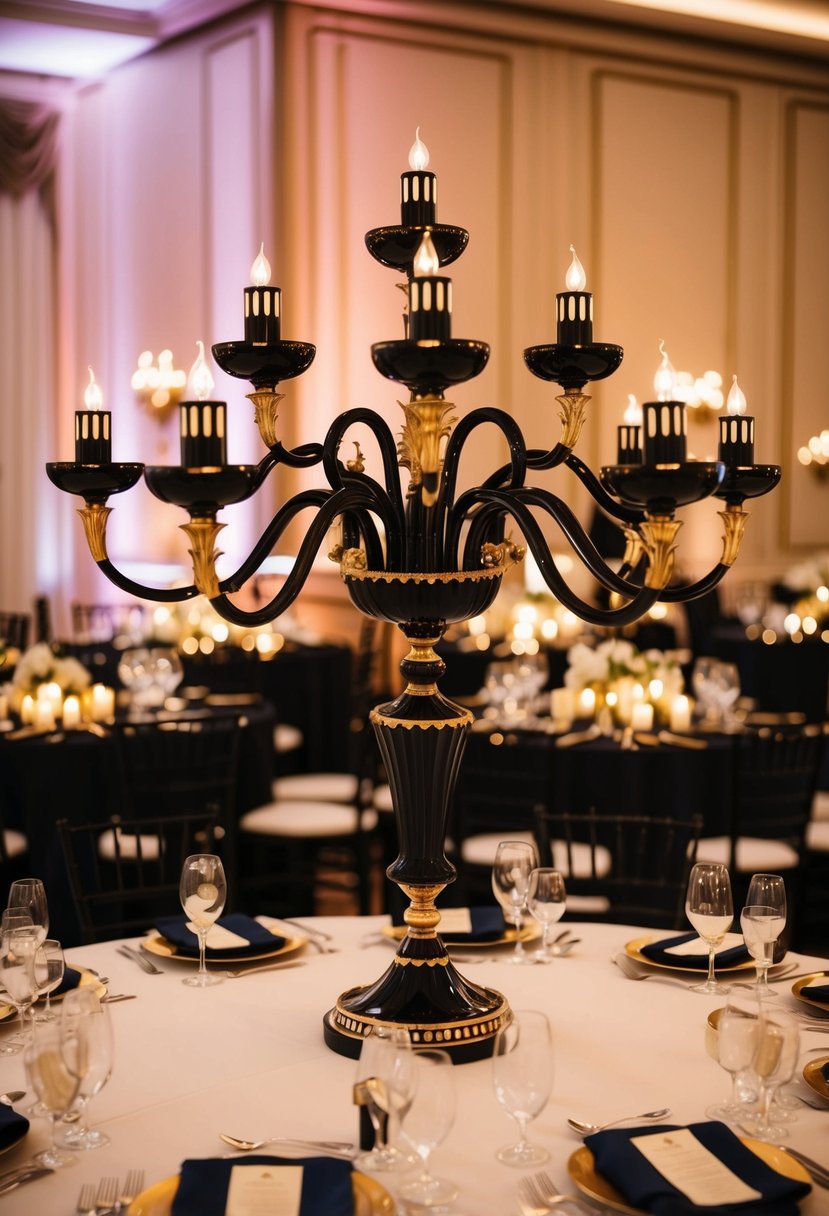 A lavish black and gold Art Deco candelabra centerpiece adorns a wedding table, casting a warm glow over the elegant setting