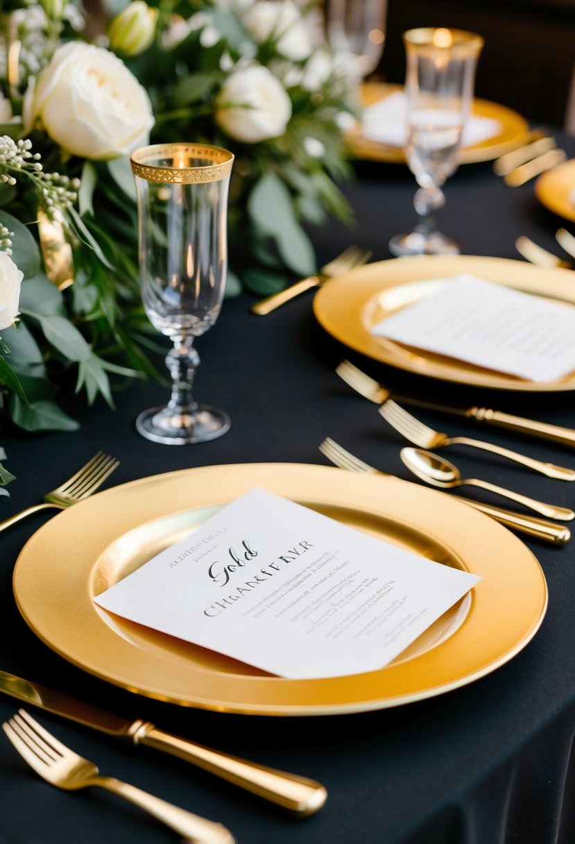 Gold charger plates arranged on a black and gold wedding table with elegant decor