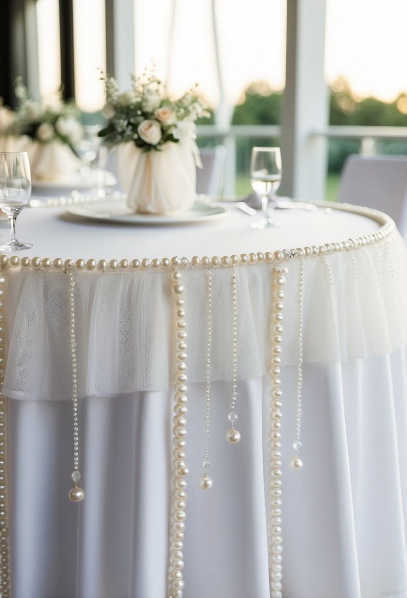 A white table with pearl and tulle overlays, adorned with delicate wedding decorations