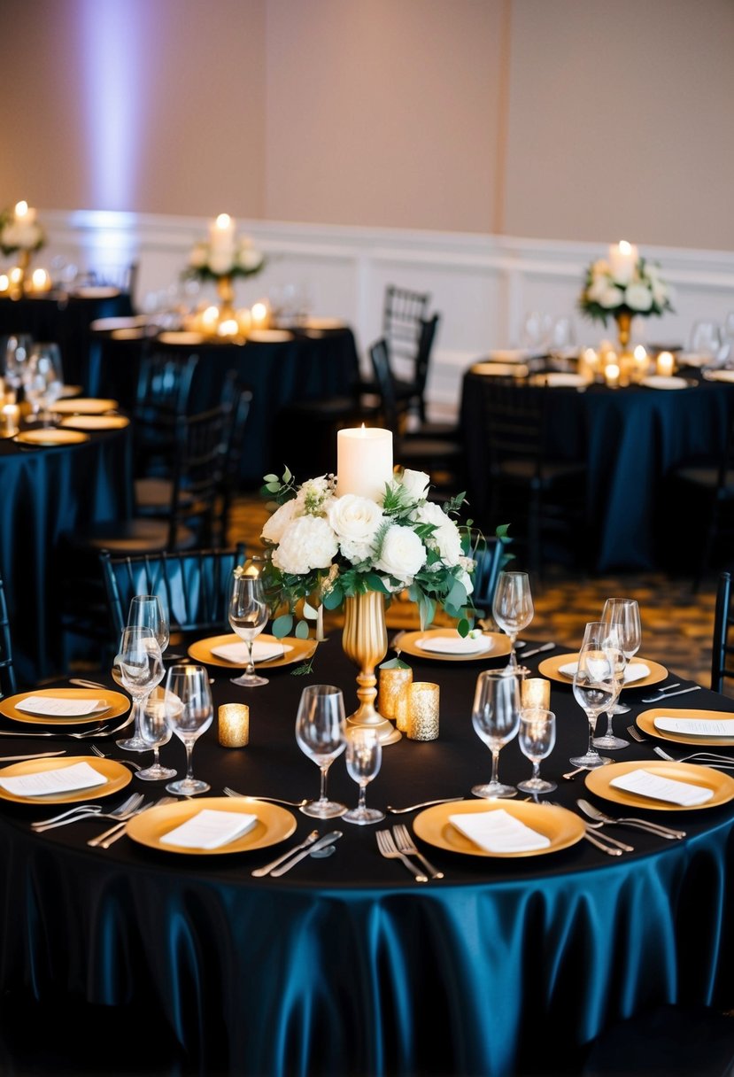 Black satin tablecloths adorned with golden centerpieces and candle holders, creating an elegant and luxurious ambiance for a wedding celebration