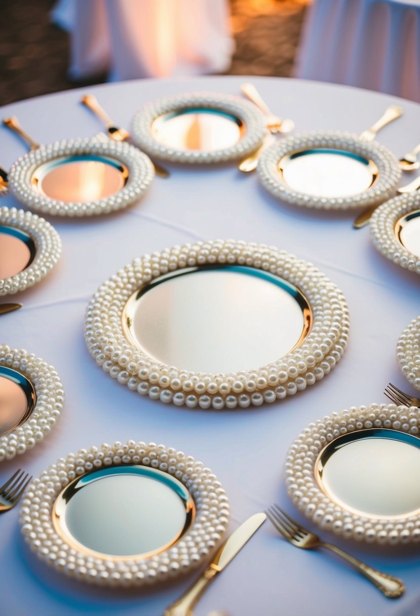 Pearl-encrusted charger plates arranged in a circular pattern on a wedding reception table, catching the light and adding a touch of elegance to the decor