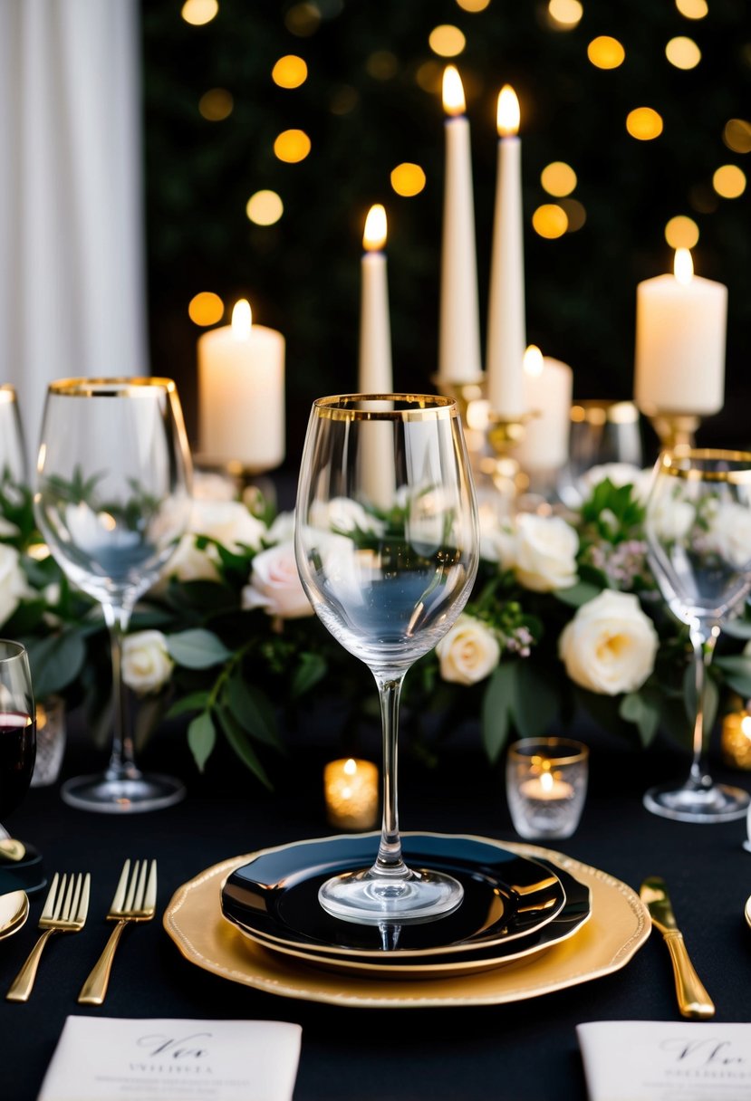 Gold rimmed wine glasses sit atop a black and gold wedding table, surrounded by elegant floral centerpieces and flickering candlelight