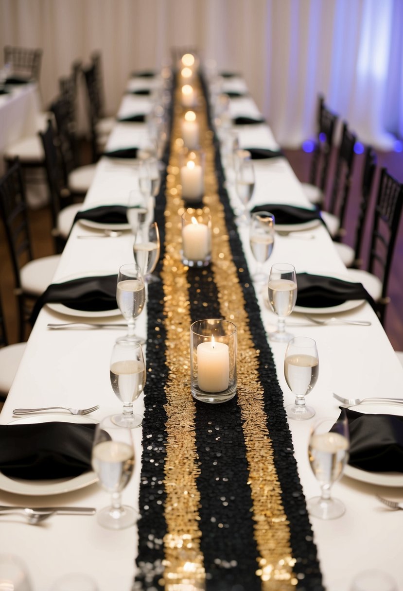 Black and gold sequin runners adorn a wedding reception table, shimmering in the soft light