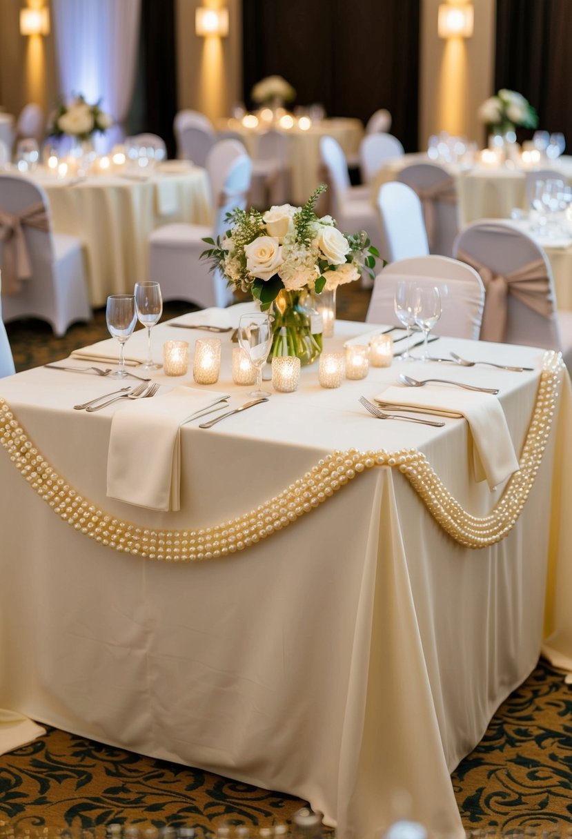 Ivory tablecloths with delicate pearl borders draped over rectangular tables, adorned with elegant centerpieces and sparkling tea lights