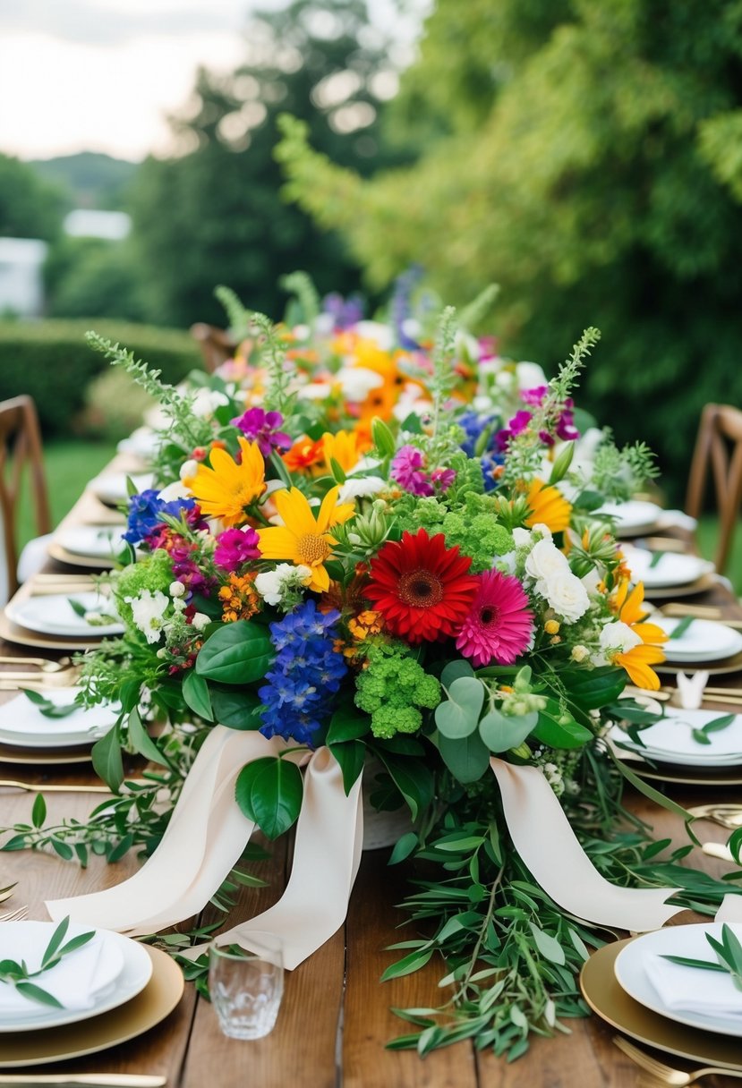 A table covered in vibrant July flowers, with ribbons and greenery scattered around for a wedding bouquet