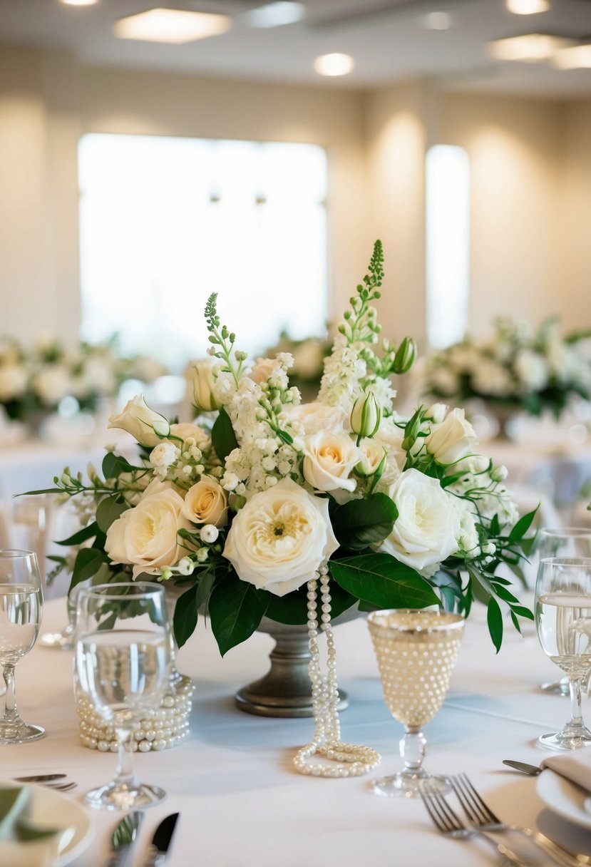 A table adorned with pearls and floral arrangements for a wedding centerpiece