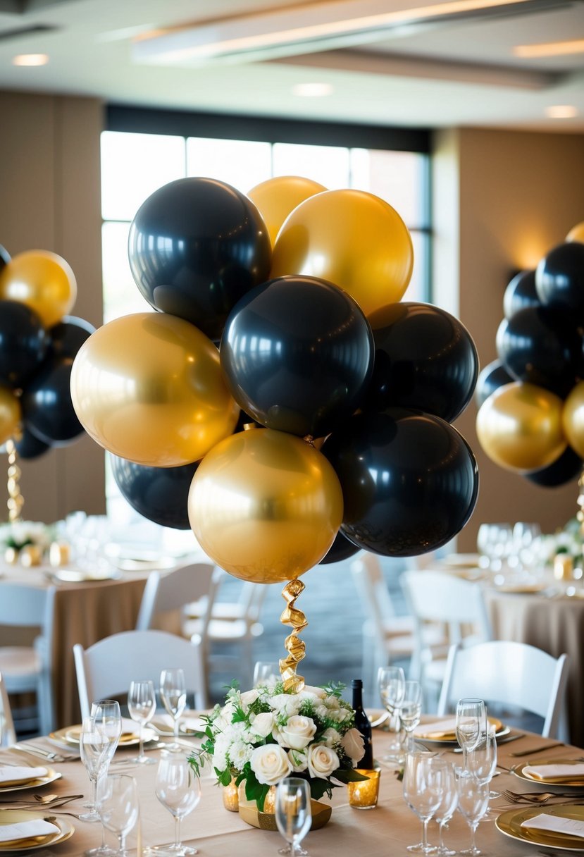 Black and gold balloons arranged in centerpieces on wedding tables