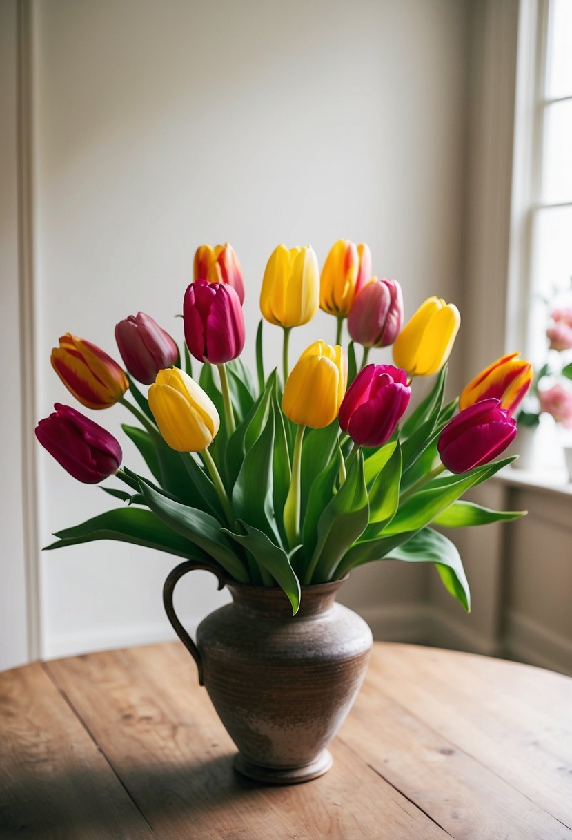 A lush bouquet of parrot tulips and garden roses, arranged in a rustic vase, sits on a wooden table in a softly lit room