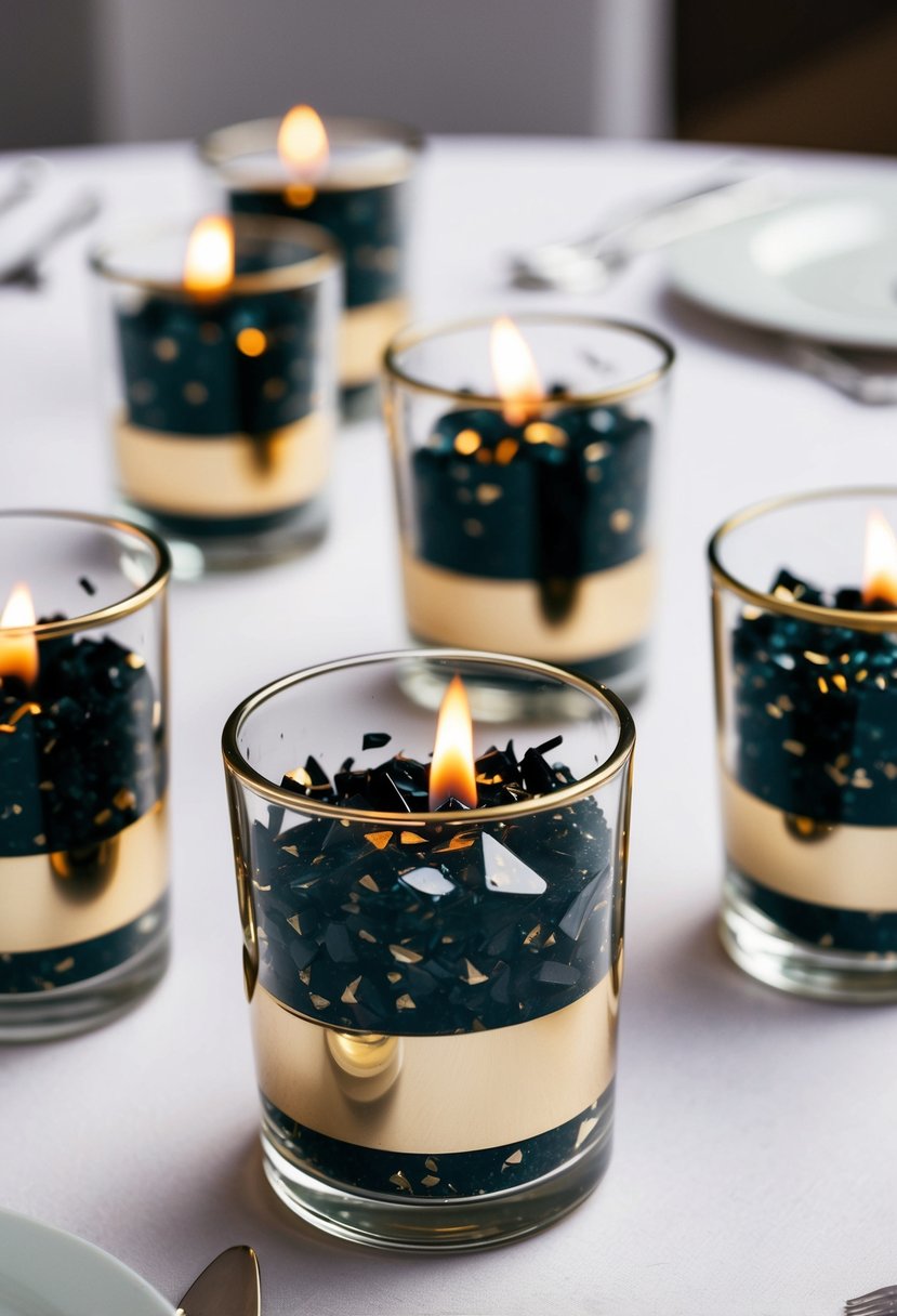 Votive candle holders filled with crushed black and gold glass, arranged as elegant wedding table decorations