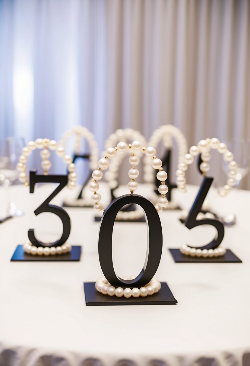 A series of elegant table numbers adorned with delicate pearls, arranged on a pristine white tablecloth