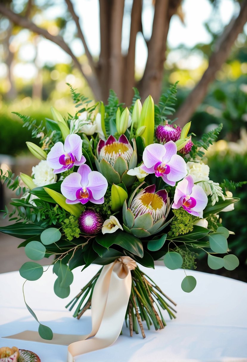 A lush bouquet of orchids and King Protea, accented with greenery and tied with a satin ribbon