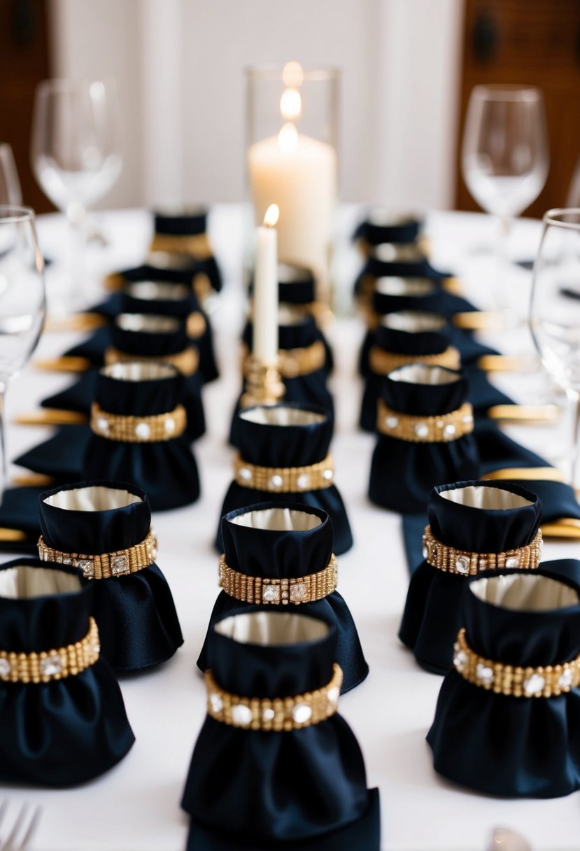 Black satin napkin rings with gold embellishments arranged on a formal wedding table