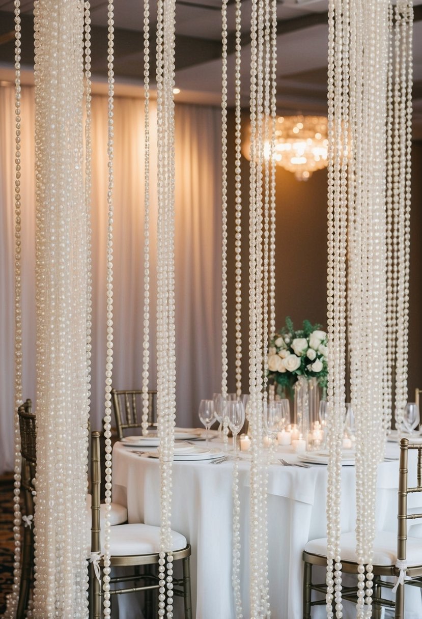 Draped pearl bead curtains cascading around a wedding table, creating an elegant and luxurious decoration